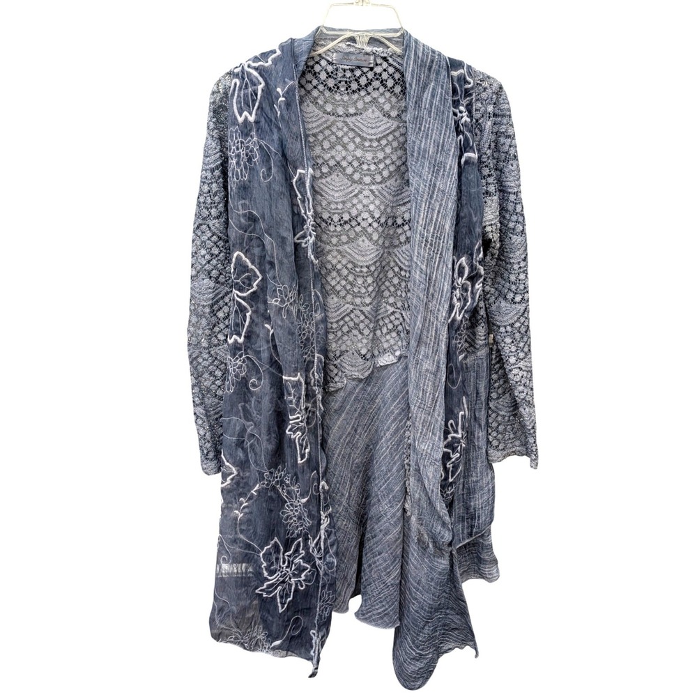 Simply Couture Women's Blue Lagenlook Lace Embroidered Layered Art Cardigan- L
